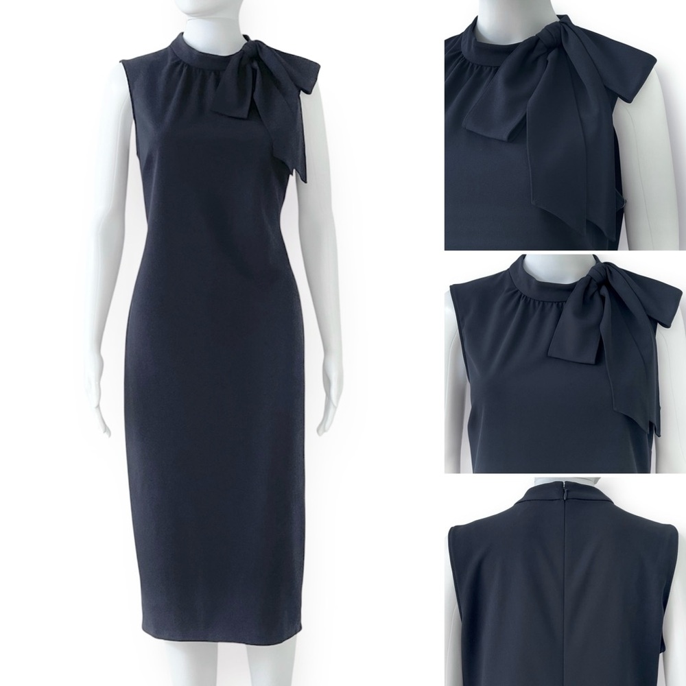 ANNE KLEIN Tie-Neck Accent Sheath Midi Dress Sleeveless Dark Navy Blue Back Zip - Picture 4 of 10